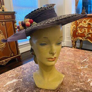 1950s Navy Wide Brim Straw Hat with Fruit Cherries